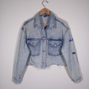 Hype & Vice Denim Jacket Women's XL Light Blue Cotton Cropped Tigers Y2K Varsity